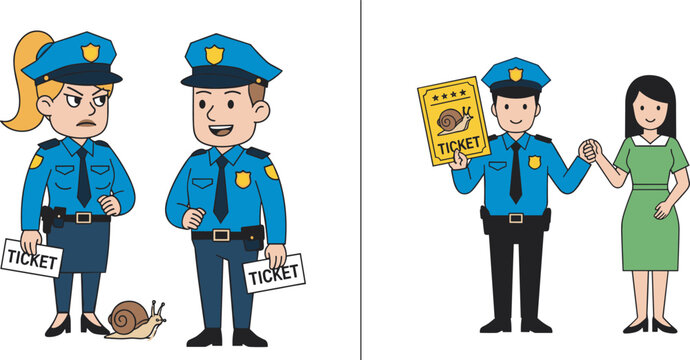 Cad drawing flat vector illustration, of police officers giving a speeding ticket to a slow snail for humorous law concept