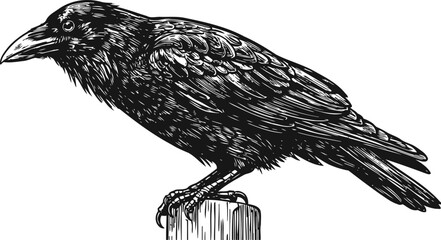 Fototapeta premium Black raven perched on wooden post detailed bird illustration with textured feathers and sharp beak