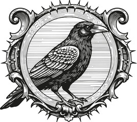 Fototapeta premium Vintage carved raven bird illustration in ornamental circular frame with detailed feathers