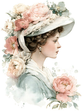 Watercolor Victorian lady portrait, beautiful 1800s woman with braided hair and large floral hat, roses and peonies surrounding her face.