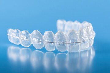 Clear plastic orthodontic retainer with metal wire sits on a blue reflective surface. This dental alignment tool helps in corrective dental care.