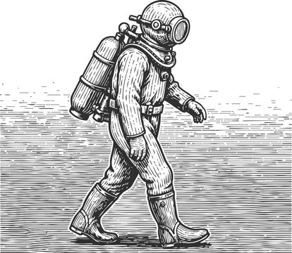 Vintage deep sea diver engraving walking with old fashioned diving suit and oxygen tank illustration