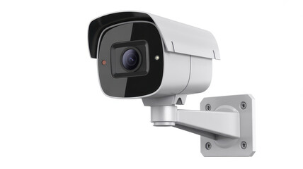 White and black security camera with red and white lights on a wall bracket