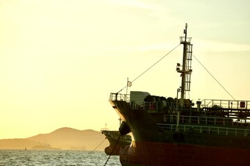 Obraz premium Large cargo ship sailing on the sea during sunset with distant ships and mountains on the horizon, showing maritime transportation and ocean travel