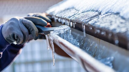 Winter Maintenance: Gloved Hands Clearing Ice from Roof Gutter &mdash; Practical Resilience, Home Safety & Seasonal Care