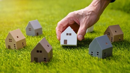Hand Selecting Miniature House on Lush Green Lawn &mdash; Housing Choice, Community Planning & Sustainable Living Concept