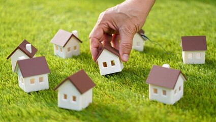 Hand Selecting Miniature House on Lush Green Lawn &mdash; Housing Choice, Community Planning & Sustainable Living Concept