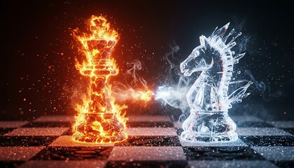 Obraz premium Dynamic confrontation between a blazing queen and a crystalline knight on a chessboard, symbolizing strategic conflict and elemental power