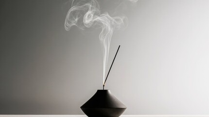 Minimalist Incense Stick Burning in Matte Black Ceramic Holder &mdash; Calm Atmosphere, Mindful Pause & Sensory Still Life