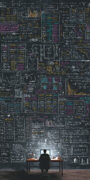 really well-organized results tables on a blackboard in the style of vivid color comics with a man sitting 