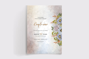 WEDDING INVITATION FRAME WITH FLOWER DECORATIONS AND FRESH LEAVES