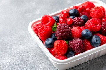 Vibrant Mixed Berries in a White Container with Rich Red and Purple Hues