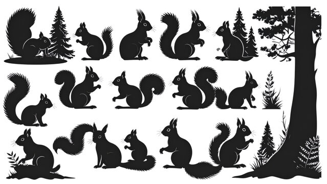 Squirrel silhouette collection, woodland animal clipart, wildlife vector design, forest creature illustration, nature drawing artwork, cad drawing flat vector illustration