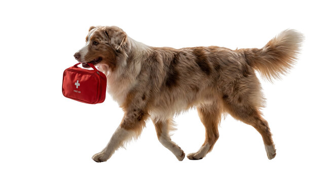 A red Australian Shepherd dog walks purposefully with a red first aid kit in its mouth on a transparent background
