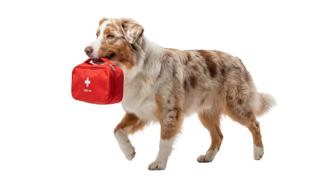 Australian Shepherd dog carrying a red first aid kit in its mouth on a transparent background