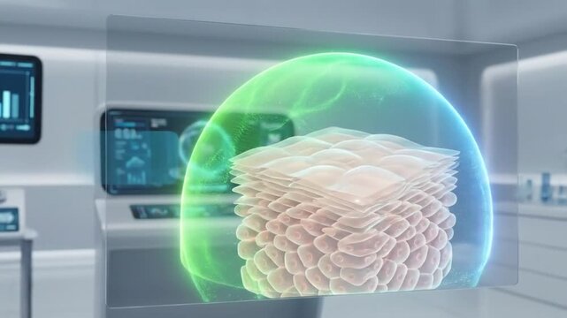 Protective Technology Animation of Skin Cell Layers with Glowing Shield in Laboratory, Showcasing Advanced Skincare Science, Cellular Protection, Digital Innovation, and 3D Illustration of Wellness