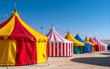 Colorful Circus Tents Under Bright Blue Sky Creating a Joyful Spectacle