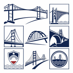 Dark blue vector icons of various bridges.

