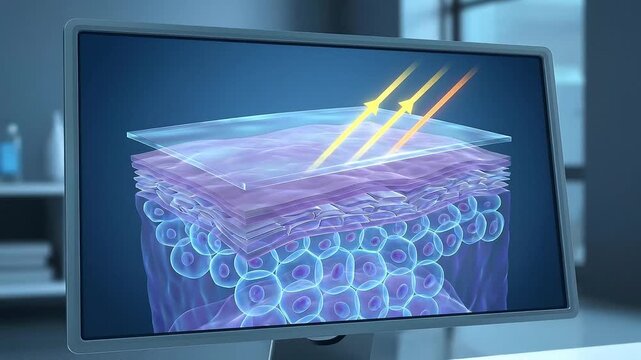 Skin Protection Energy Shield Barrier Defense Digital Illustration Technology Laboratory Healthcare Advanced Skincare Light Membrane Shields UV Pollutants Epidermis Dermis Health Defense Innovation