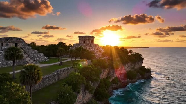 Spectacular aerial view of ancient Mayan ruins at Tulum with vibrant sunset over the Caribbean Sea
