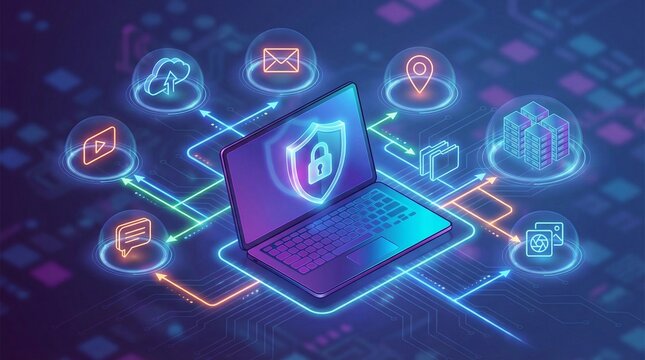 "Digital illustration of laptop with shield and padlock icon, surrounded by glowing connected icons for cloud, email, database, shopping cart, gear, symbolizing secure digital connectivity."