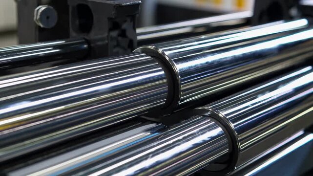 Modern Machinery With Gleaming Metal Surfaces And Precise Movements. Hightech Manufacturing Equipment Featuring Shiny Steel Rollers And Stylish Blue Lighting Effects Conveying Efficiency