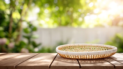 Bamboo Tray in Sunny Garden / 庭に置かれた竹製のザルと日差し