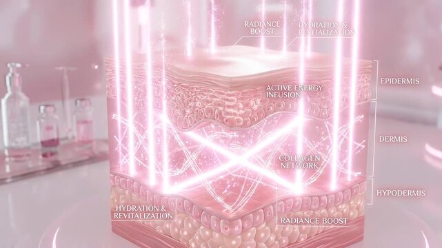 Hydration and revitalization radiance boost with active energy infusion and collagen network enhance epidermis and dermis, supporting healthy glowing skin layers for luminous appearance and visible