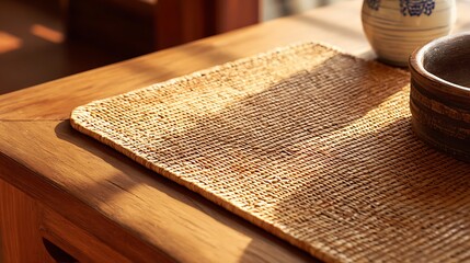 Woven Bamboo Mat in Window Light / 窓辺の光に照らされた竹編みのマット