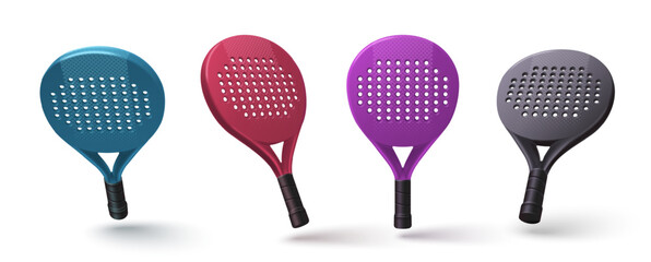 Fototapeta premium Padel racket set isolated on white background. Vector design elements, modern sport equipment, red paddle tennis racquet illustration for tournament or championship banners, sports game