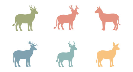 Obraz premium Colored deer and doe silhouettes set in simple flat style for nature and wildlife designs, hunting themes, or animal illustrations
