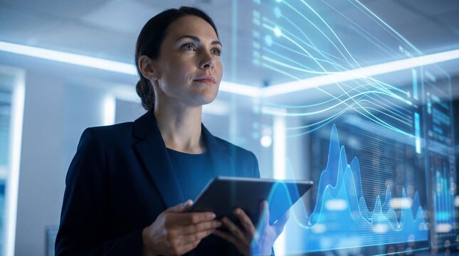 Professional businesswoman analyzing complex holographic data streams on a digital tablet in a futuristic office environment.