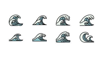 Naklejka premium Set of eight stylized ocean wave icons in blue and gray colors with black outlines, perfect for sea, water, and beach designs