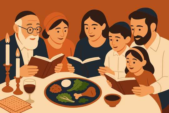Family Gathered Around Passover Seder Table Reading the Haggadah on Passover Eve in Flat Vector Art