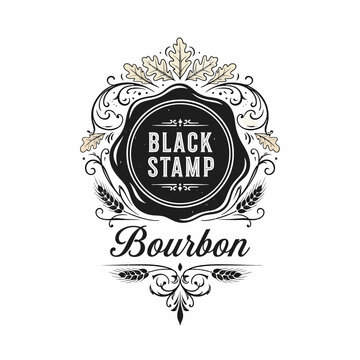 Vintage Bourbon Whiskey Label Design Featuring Decorative Flourishes, Wooden Barrel Illustration, and Classic Distillery Branding Badge