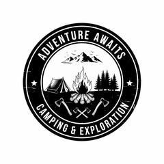 Fototapeta premium Retro Explore the Wild Logo Featuring Mountains, Campfire, Lantern Light, and Forest Adventure Badge Design