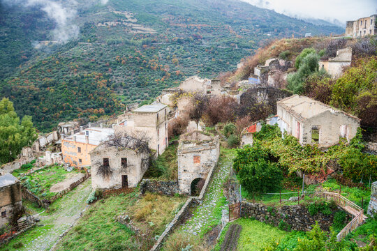 Ruins of the abandoned ghost town Gairo Vecchio, Sardinia, Italy 