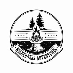 Retro Wilderness Exploration Logo Featuring Camp Tent, Pine Trees, Night Stars, and Campfire Outdoor Badge © Labels