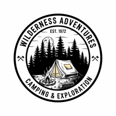 Vintage Outdoor Adventure Badge with Camping Tent, Forest Landscape, Moonlight Sky, and Campfire Illustration