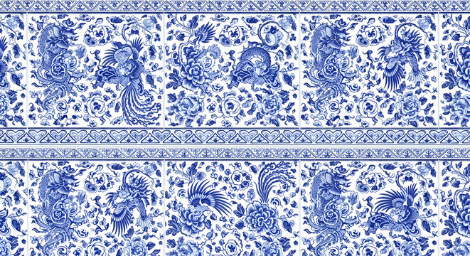 Traditional Blue and White Chinese Dragon and Phoenix Pattern Border on White Background