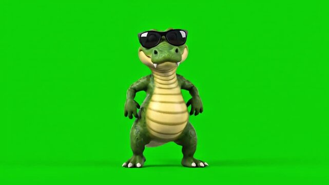 A cute, animated cartoon alligator wearing sunglasses performs a fun dance on a green screen background, perfect for creative projects