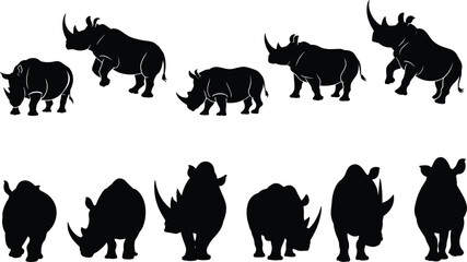 Black Rhino Silhouette Collection Featuring Multiple Rhinoceros Poses Standing Walking and Front Views Isolated Wildlife Animal Vector Set © Romana