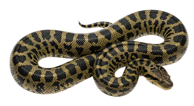 Large black and yellow patterned snake coiled on a white background