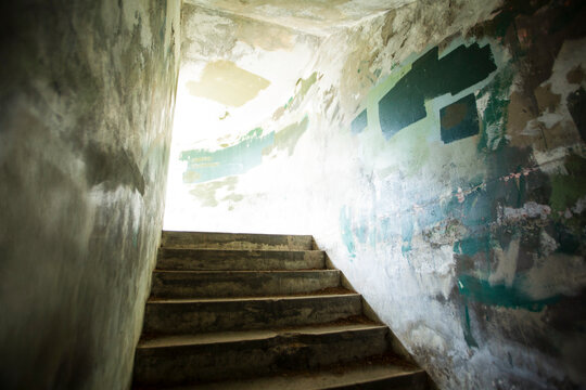 Stone steps leading up from a bunker in the fortifications at Fort Worden State Park.