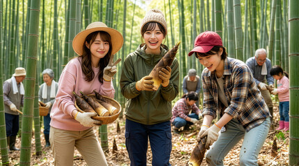 たけのこ狩りを楽しむ3人の女性