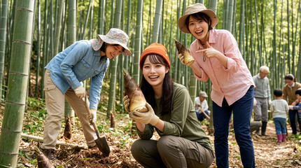 たけのこ狩りを楽しむ3人の女性