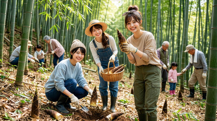 たけのこ狩りを楽しむ3人の女性