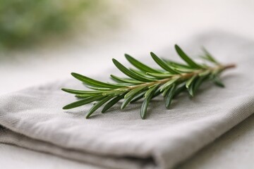 Fresh rosemary sprig resting on a textured grey linen napkin, close-up