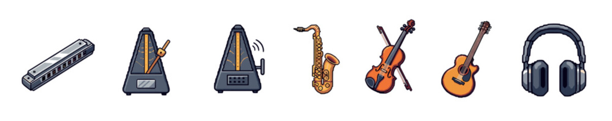 Various musical instruments and accessories are displayed in a charming pixel art style, including a harmonica, metronomes, saxophone, violin, guitar, and headphones.