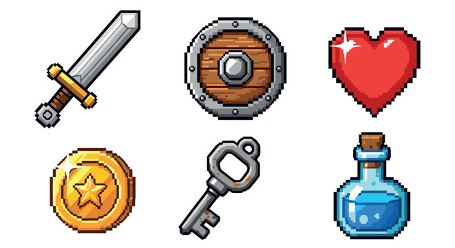 Pixel art video game assets collection featuring classic fantasy elements like a sword, shield, heart, coin, key, and potion for retro gaming design.